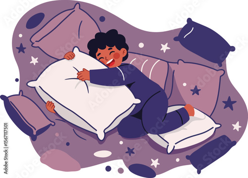 Child Sleeping Peacefully on Pillow with Star Patterned Bedding in Cozy Night Scene 