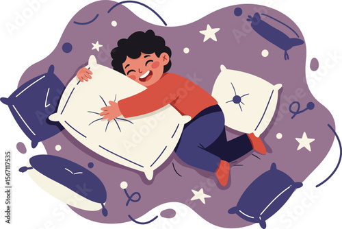 Child happily hugging pillow on purple star-patterned blanket in cozy bedroom setting 
