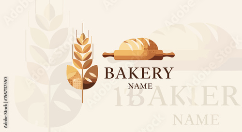 Artisan Bakery Logo Design Wheat, Rolling Pin, and Bread Loaf Illustration