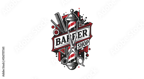 Classic Barber Shop Logo Design Vintage Barbershop Pole, Scissors, and Razor Illustration