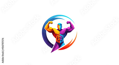 Powerful Fitness Logo Design Muscular Man Icon, Abstract Colorful Illustration for Gym, Workout, Bodybuilding, Strength Training Brand