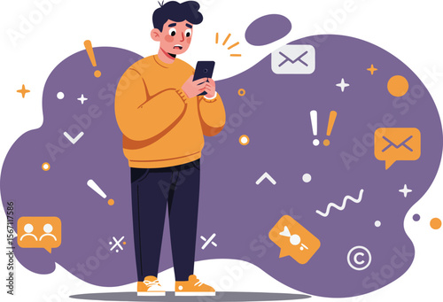 Man using smartphone surrounded by colorful message icons and notifications in modern digital communication concept 