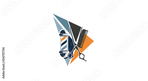 Modern Barber Shop Logo Design Scissors, Straight Razor, and Comb in Abstract Geometric Triangle