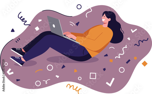 Woman lying on purple rug using laptop for remote work or leisure in modern digital lifestyle scene 
