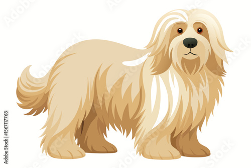 Charming Tan Tibetan Terrier with Fluffy Fur A Cartoon Dog Standing Calmly in Profile Ready to Play