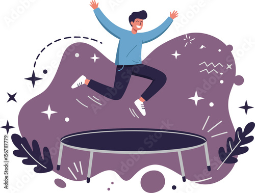 Young man jumping high on trampoline with joyful expression and motion effects in flat style illustration 