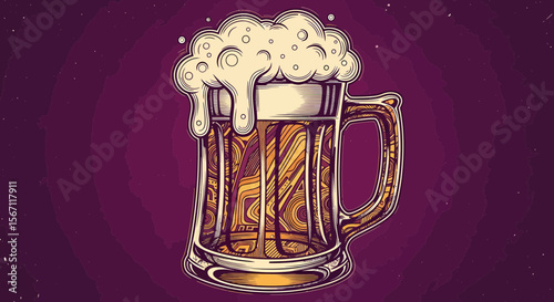 Refreshing Beer Mug Illustration Frothy Head, Golden Liquid, and Intricate Glass Design