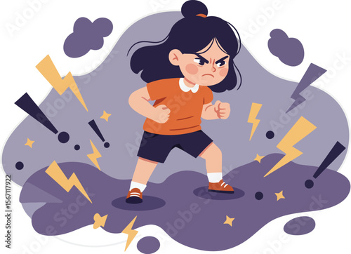 Angry girl standing with clenched fists surrounded by storm clouds and lightning bolts expressing frustration and power 