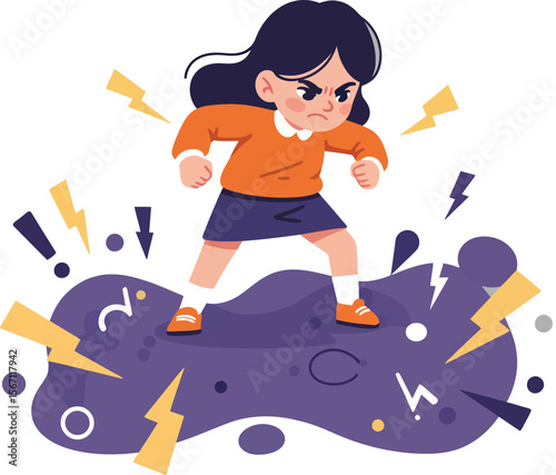Angry girl standing on dark cloud with lightning bolts representing frustration and mood expression in cartoon style 