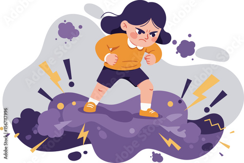 Angry child stomping on dark cloud with lightning and stormy effects illustration showing frustration and strong emotions 