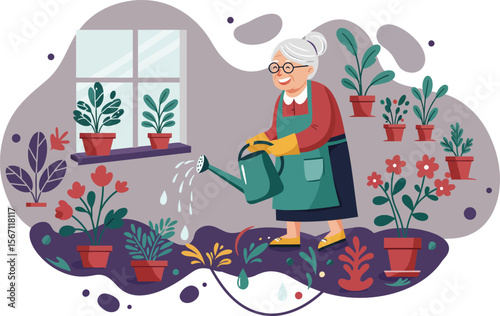 Elderly woman watering vibrant potted plants indoors in cozy home gardening scene with various colorful flowers and green foliage 