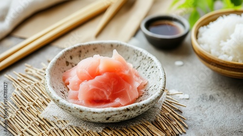 Close up of pickled ginger sushi with rice and soy sauce for japanese cuisine food photo
