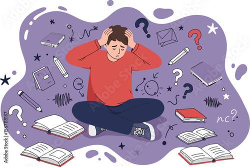 Young person experiencing confusion and stress surrounded by books and question marks in abstract purple background 