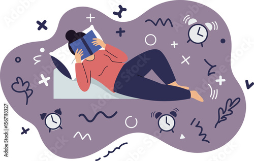 Woman resting on pillow surrounded by clocks and abstract shapes in purple background natural flow