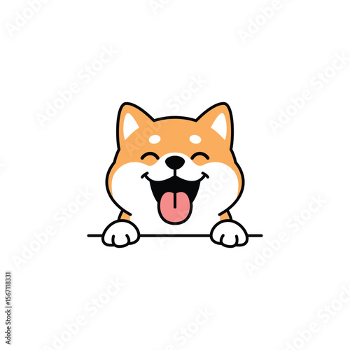 Cute cartoon shiba inu with a happy face, eyes closed, mouth open and tongue out, vector illustration