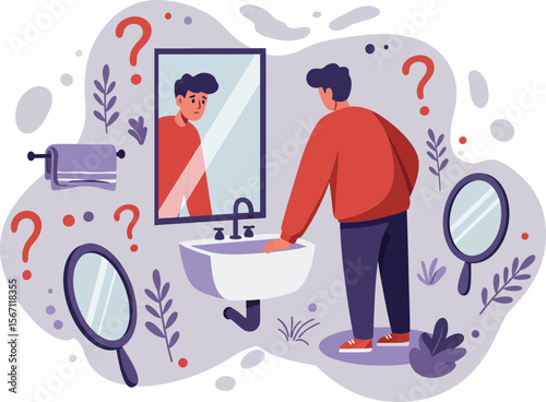 Confused man looking in bathroom mirror surrounded by question marks and magnifying glasses, introspective scene 
