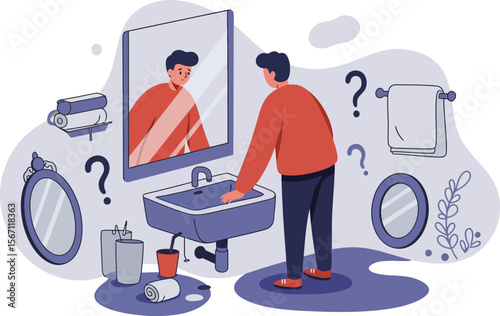 Man experiencing self-reflection and confusion looking into bathroom mirror with question marks around 