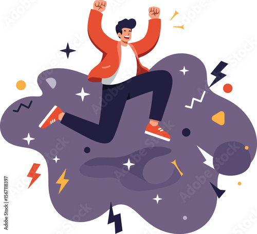 Young man jumping with joy and excitement on abstract colorful cloud graphic art