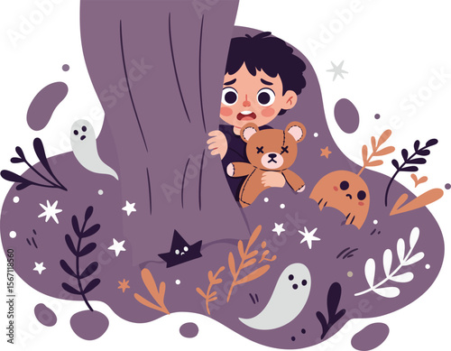 Child hiding behind curtain with teddy bear surrounded by friendly ghosts in purple tones illustration 