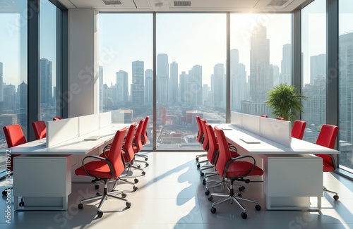 Modern office workspace with white desks red chairs facing city panorama view. Interior design features large windows, bright natural light. Business setting, workplace, corporate environment.