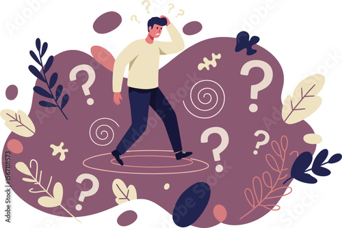 Man walking on tightrope surrounded by question marks and abstract shapes symbolizing uncertainty and decision making 