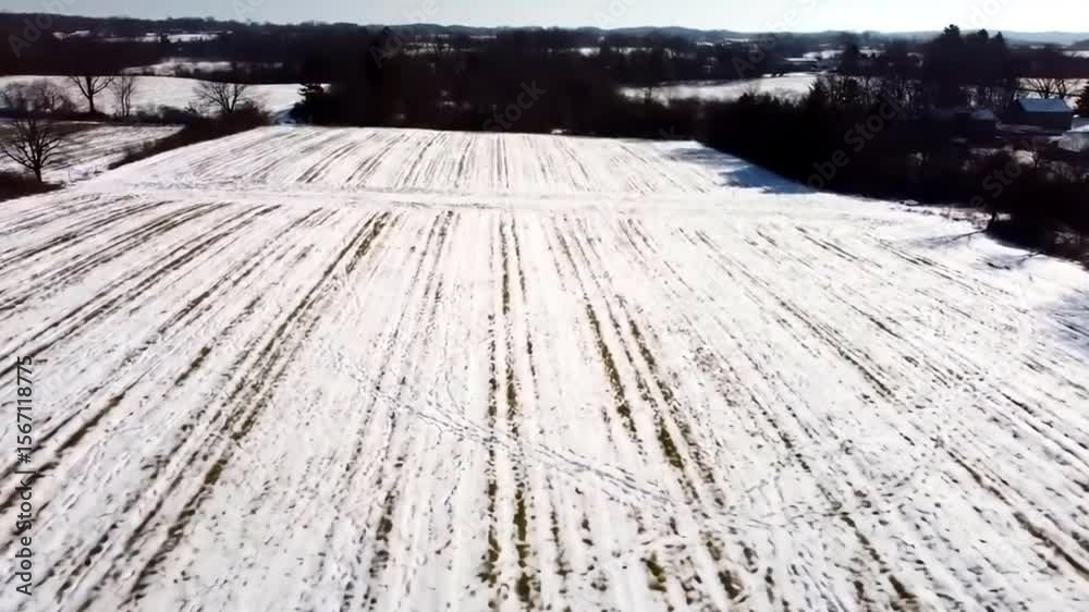 Drone Aerial Flyover of Winter Farmland