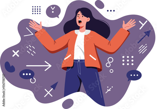 Woman showing stress and confusion with abstract symbols on purple background in digital illustration 