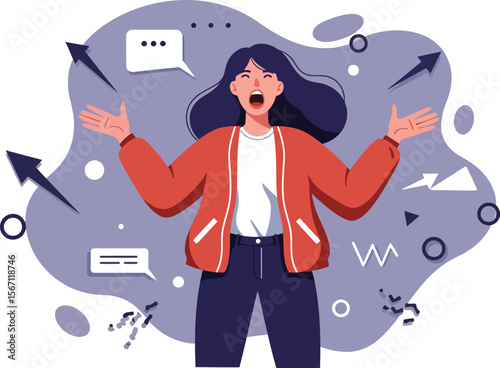 Stressed woman overwhelmed by multiple directions and choices in abstract chaotic background