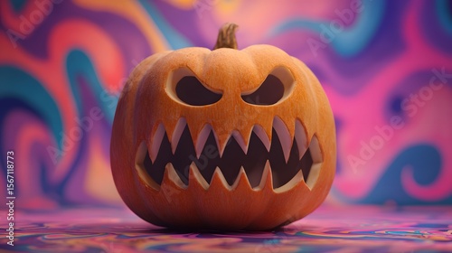 Surreal Animated Carved Pumpkin with a Distinct Unpleasant Face, Sharpened Jagged Teeth and a Comical Grim Scowl Set in a Funky Whimsical Backdrop