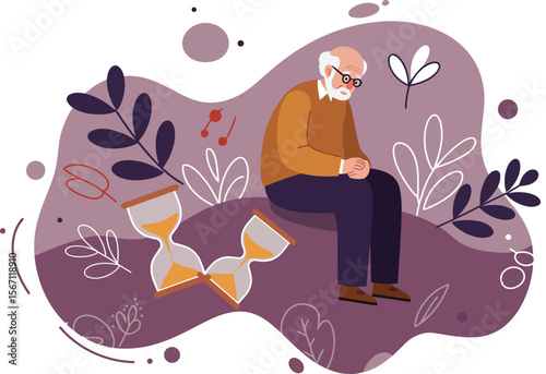 Elderly man sitting with hourglass and dragonfly symbolizing time and reflection in abstract purple background 