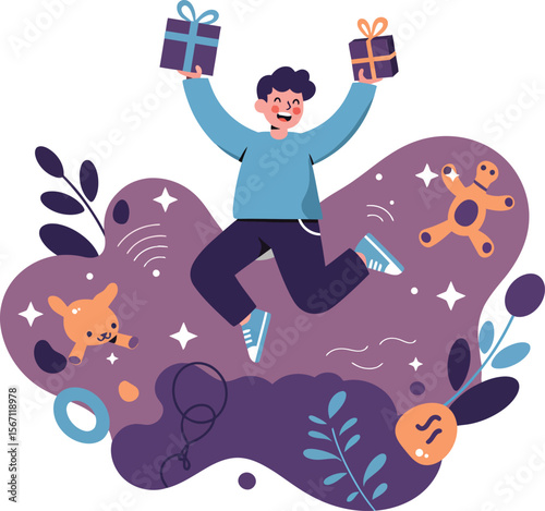 Happy child jumping with two gift boxes in colorful purple abstract background illustration 