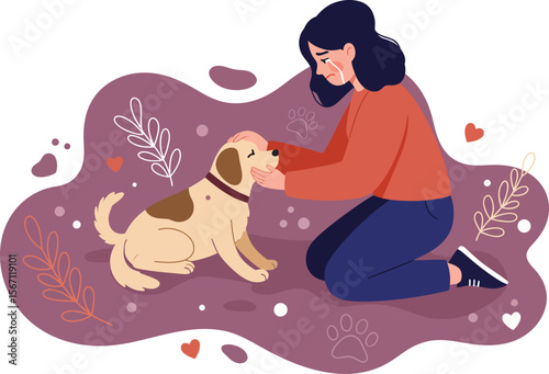 Woman playing with brown dog on purple background with heart shapes and floral patterns in warm tones 