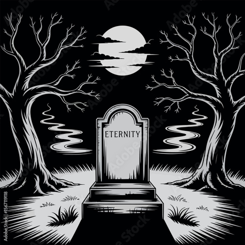 Tombstone under moon with bare trees eternity clouds