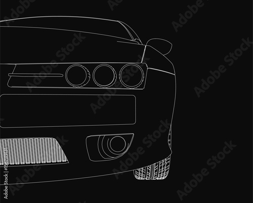 A black and white car drawing stands out with crisp white outlines against a dark background. The minimalist design highlights the vehicle's sleek silhouette.