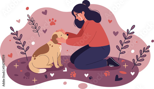 Woman petting dog with pink hearts and floral elements in warm affectionate scene 