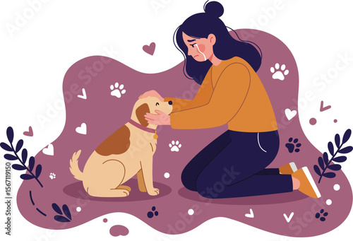 Woman cuddling a dog showing affection with heart and paw prints in purple background illustration 