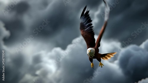 Majestic bald eagle taking flight in stormy weather.