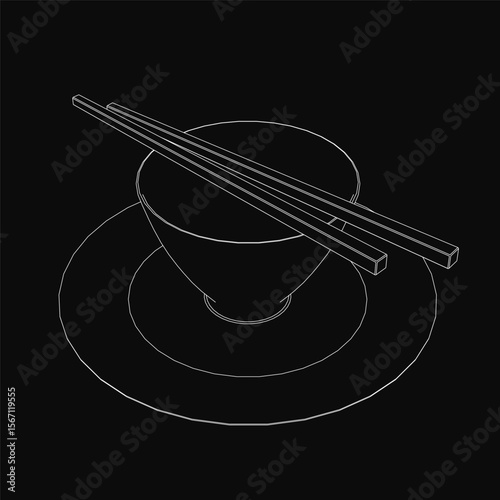 A black and white illustration of a steaming bowl of soup with chopsticks resting on a saucer. The bowl is filled with hot broth, and the chopsticks are neatly placed, ready for use.