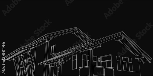 Cottage blueprint in black and white features detailed architectural elements on a dark background. The drawing highlights the structure's layout, windows, and roof design.