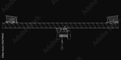 A single girder overhead crane stands out against a black background in this detailed technical drawing. The illustration highlights the crane's robust structure, precise mechanical components.