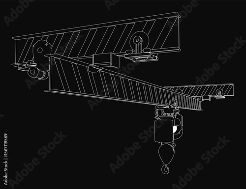 A single girder overhead crane stands out against a black background in this detailed technical drawing. The illustration highlights the crane's robust structure, precise mechanical components.