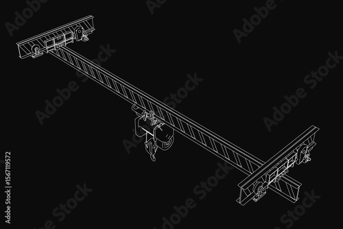 A single girder overhead crane drawn on a black background, designed for lifting and transporting heavy loads. The illustration highlights the crane's structural details and industrial functionality.