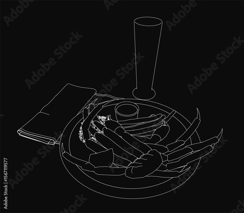 A dish of crab and assorted vegetables sits beside a full glass of golden beer on a black background. Fresh fruits and other dishes complement the meal.