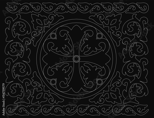 A decorative rectangular ornament features an intricate black and white design with detailed patterns and geometric shapes. The stark contrast against the black background enhances its elegance.