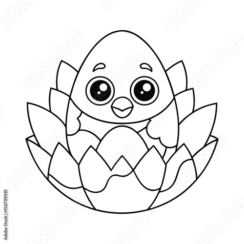 A baby chick hatching from a large egg in springtime for kids coloring book vector illustration.