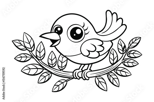 A baby bird playing on a tree branch with leaves for kids coloring book vector illustration.