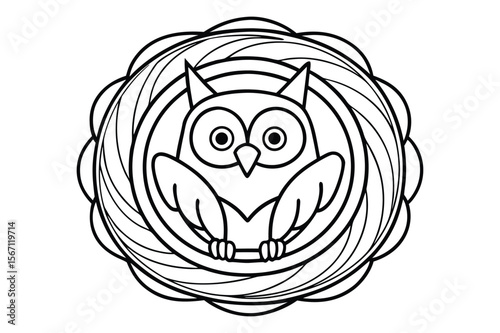 A cartoon owl in a nest inside a big tree hollow for kids coloring book vector illustration.