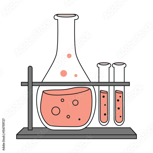 Laboratory glassware with pink liquid and bubbles on a white background