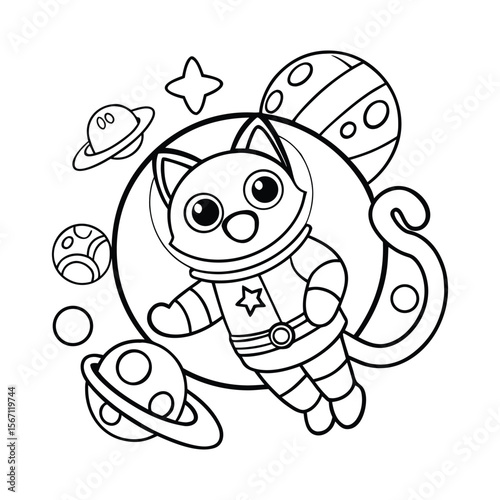 A cat astronaut floating in space with stars around for kids coloring book vector illustration.