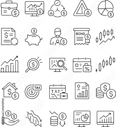 Collection of modern thin line icons representing financial concepts including investments savings taxes charts and market analysis tools